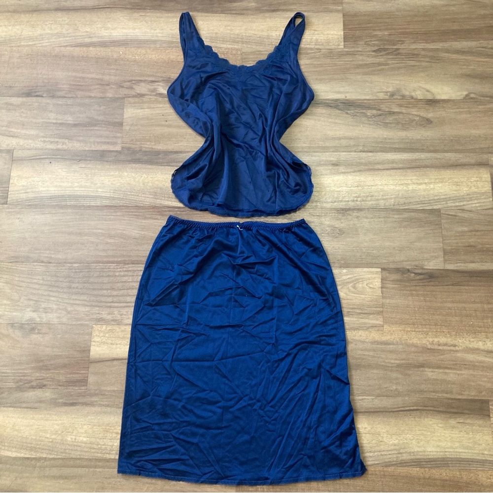 Vintage Navy Blue Slip Set Lace Trim Midi Skirt and Tank L